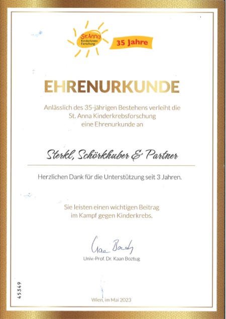 Urkunde St. Anna Kinderkrebsforschung